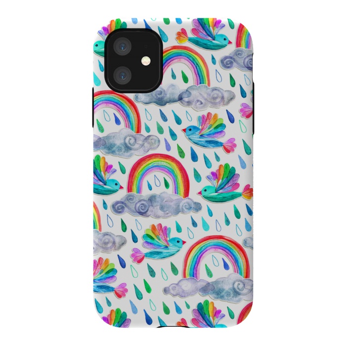 iPhone 11 StrongFit Happy Rainbow Birds on White by Micklyn Le Feuvre