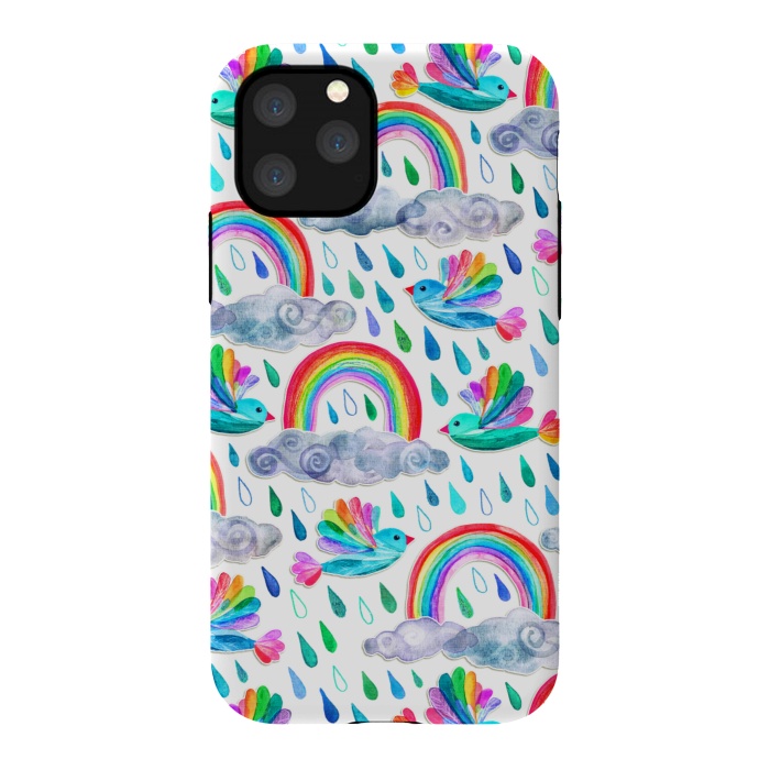 iPhone 11 Pro StrongFit Happy Rainbow Birds on White by Micklyn Le Feuvre