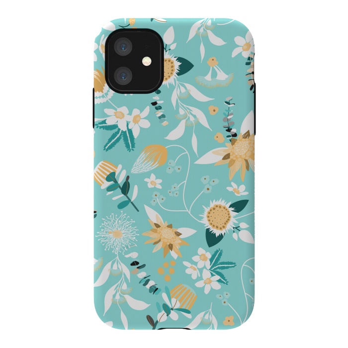 iPhone 11 StrongFit Stylized Australian Florals in Blue and Yellow by Paula Ohreen