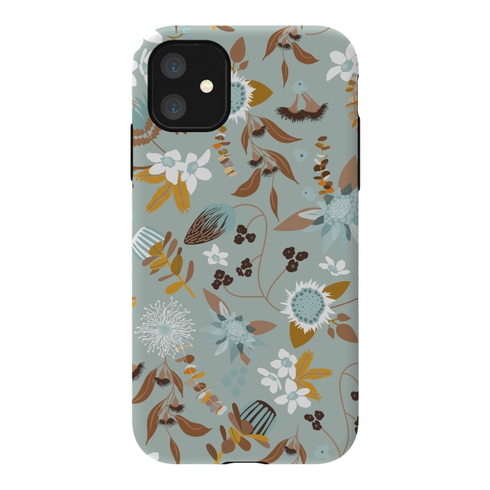 iPhone 11 StrongFit Stylized Australian Florals in Blue and Mustard by Paula Ohreen