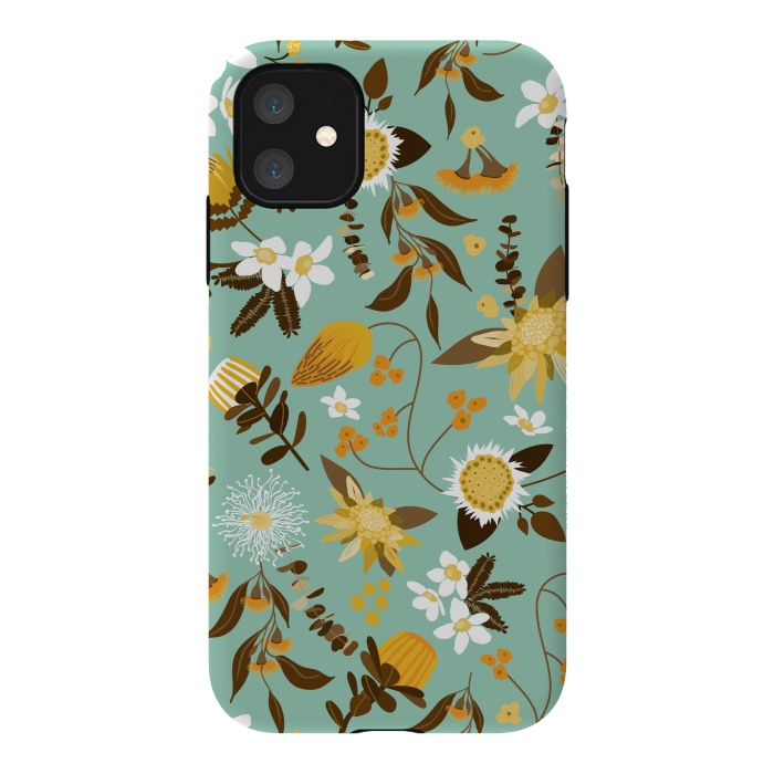 iPhone 11 StrongFit Stylized Australian Florals in Teal and Mustard by Paula Ohreen