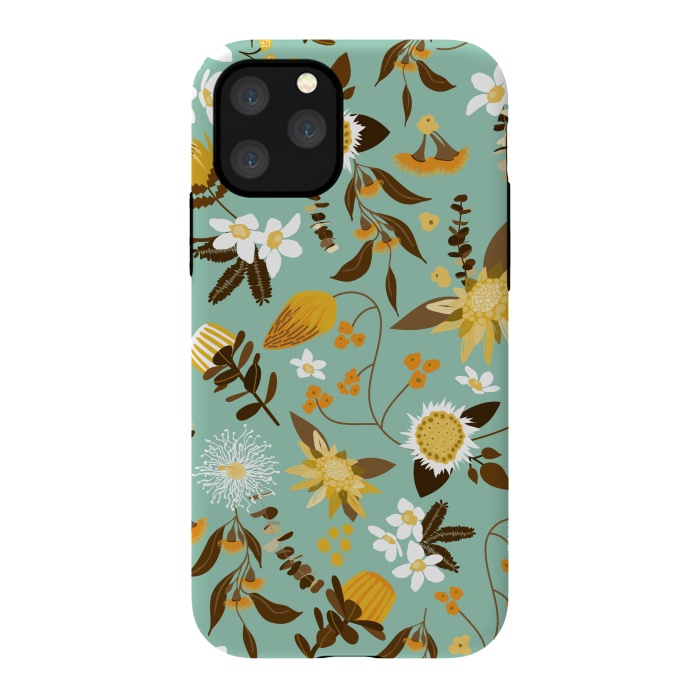 iPhone 11 Pro StrongFit Stylized Australian Florals in Teal and Mustard by Paula Ohreen