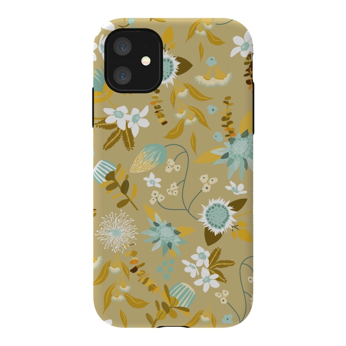 iPhone 11 StrongFit Stylized Australian Florals in Blue and Cream by Paula Ohreen