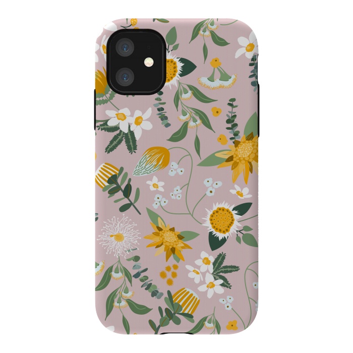 iPhone 11 StrongFit Stylized Australian Florals in Pink and Yellow by Paula Ohreen