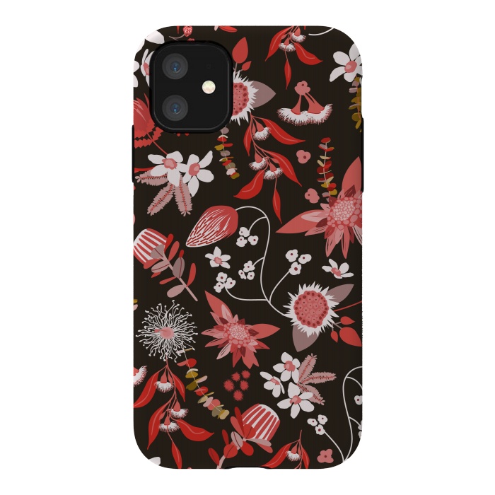 iPhone 11 StrongFit Stylized Australian Florals in Brown and Pink by Paula Ohreen
