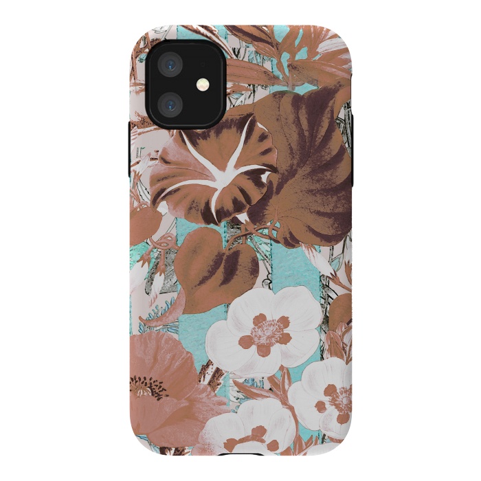 iPhone 11 StrongFit Romantic flowers on pastel blue stripes by Oana 