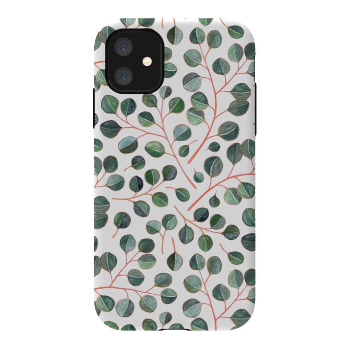 iPhone 11 StrongFit Simple Silver Dollar Eucalyptus Leaves on White by Micklyn Le Feuvre