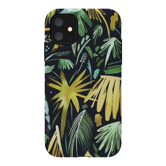iPhone 11 StrongFit Brushstrokes Palms Neon Gold by Ninola Design