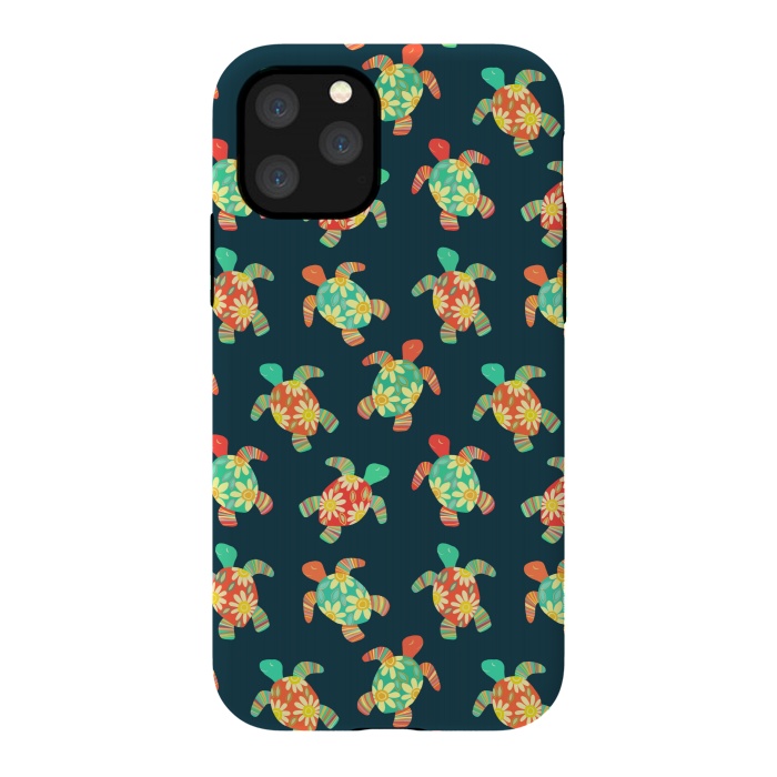 iPhone 11 Pro StrongFit Cute Flower Child Hippy Turtles on Dark by Micklyn Le Feuvre