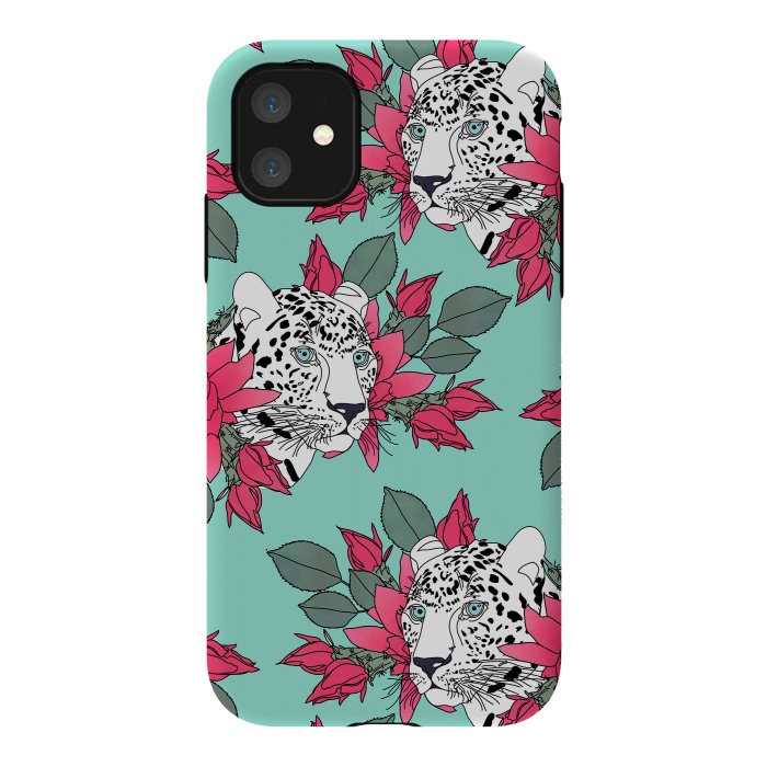 iPhone 11 StrongFit Stylish leopard and cactus flower pattern by InovArts