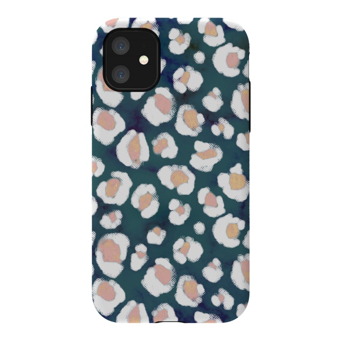 iPhone 11 StrongFit Rose gold leopard print spots on emerald by Oana 
