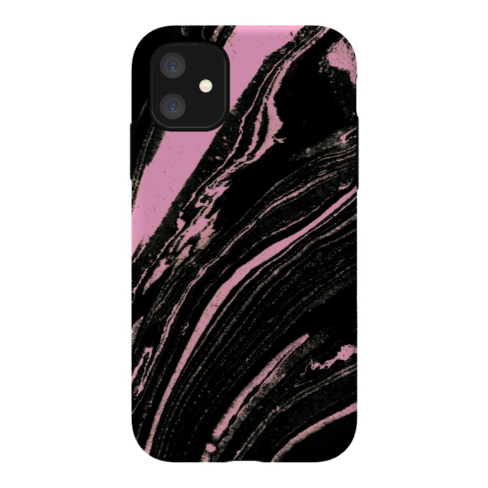 iPhone 11 StrongFit Black marble with neon pink stripes by Oana 