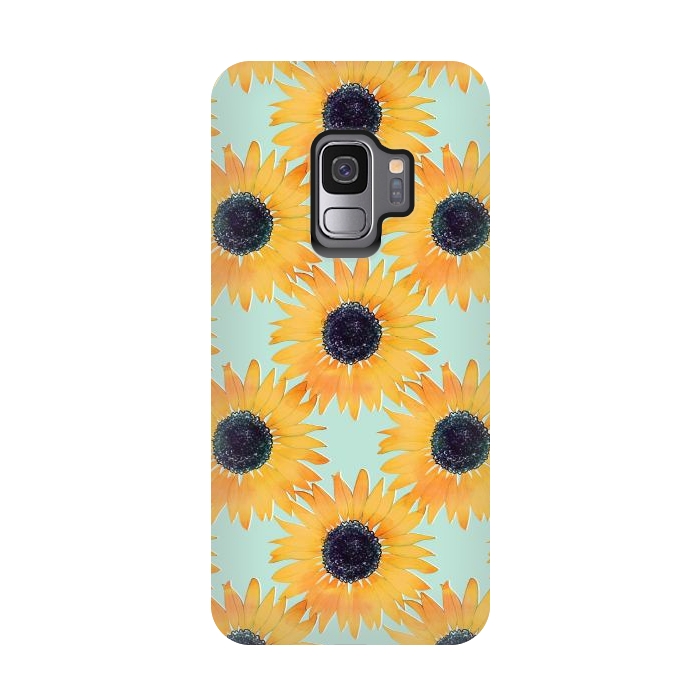 Galaxy S9 StrongFit Pretty Hand Drawn Yellow Sunflowers Paint Pattern by InovArts