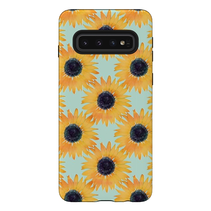 Galaxy S10 StrongFit Pretty Hand Drawn Yellow Sunflowers Paint Pattern by InovArts