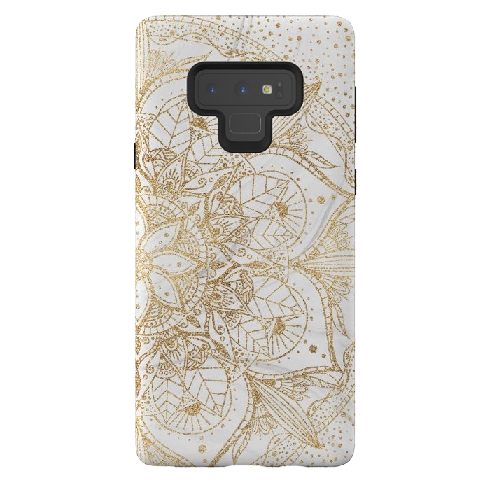 Galaxy Note 9 StrongFit Trendy Gold Floral Mandala Marble Design by InovArts