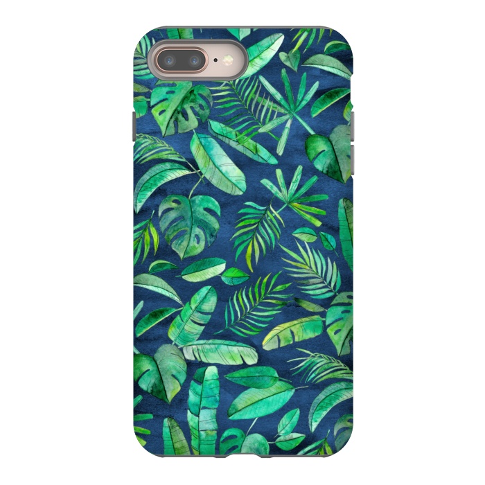 iPhone 7 plus StrongFit Emerald Tropical Leaf Scatter on textured Navy Blue by Micklyn Le Feuvre