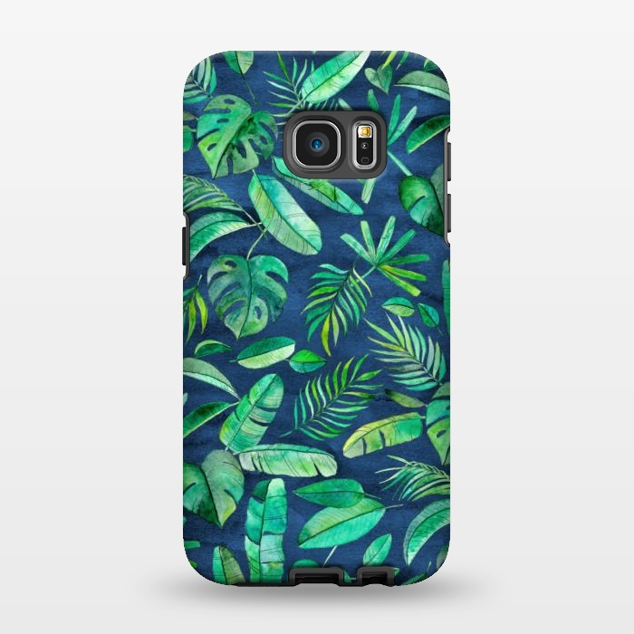 Galaxy S7 EDGE StrongFit Emerald Tropical Leaf Scatter on textured Navy Blue by Micklyn Le Feuvre