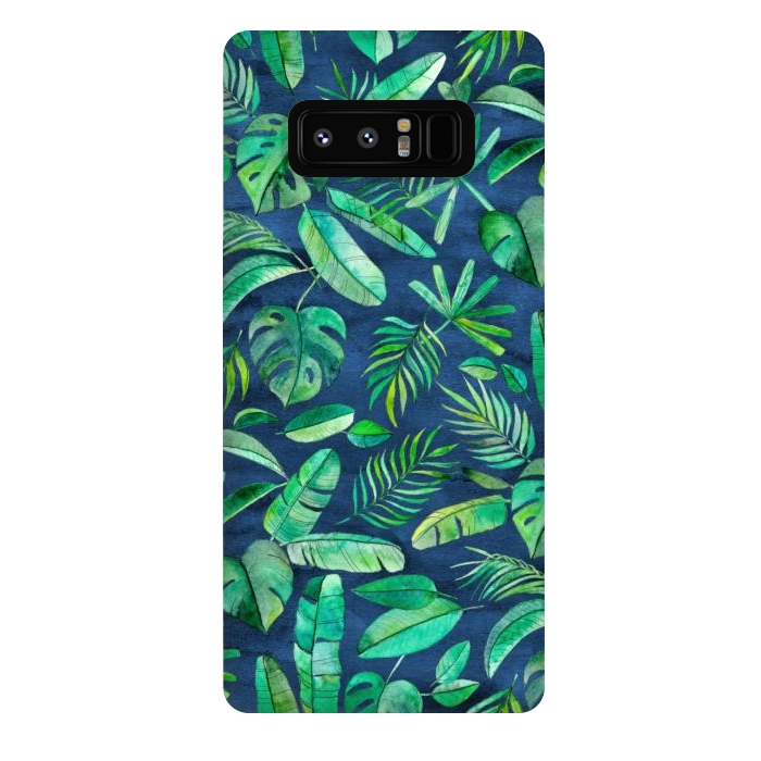 Galaxy Note 8 StrongFit Emerald Tropical Leaf Scatter on textured Navy Blue by Micklyn Le Feuvre