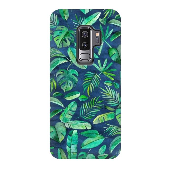 Galaxy S9 plus StrongFit Emerald Tropical Leaf Scatter on textured Navy Blue by Micklyn Le Feuvre