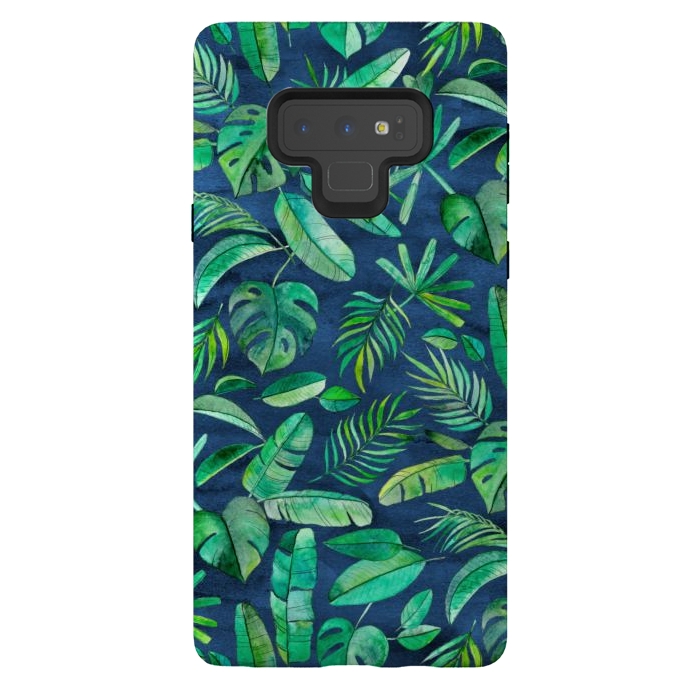 Galaxy Note 9 StrongFit Emerald Tropical Leaf Scatter on textured Navy Blue by Micklyn Le Feuvre