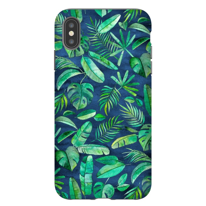 iPhone Xs Max StrongFit Emerald Tropical Leaf Scatter on textured Navy Blue by Micklyn Le Feuvre