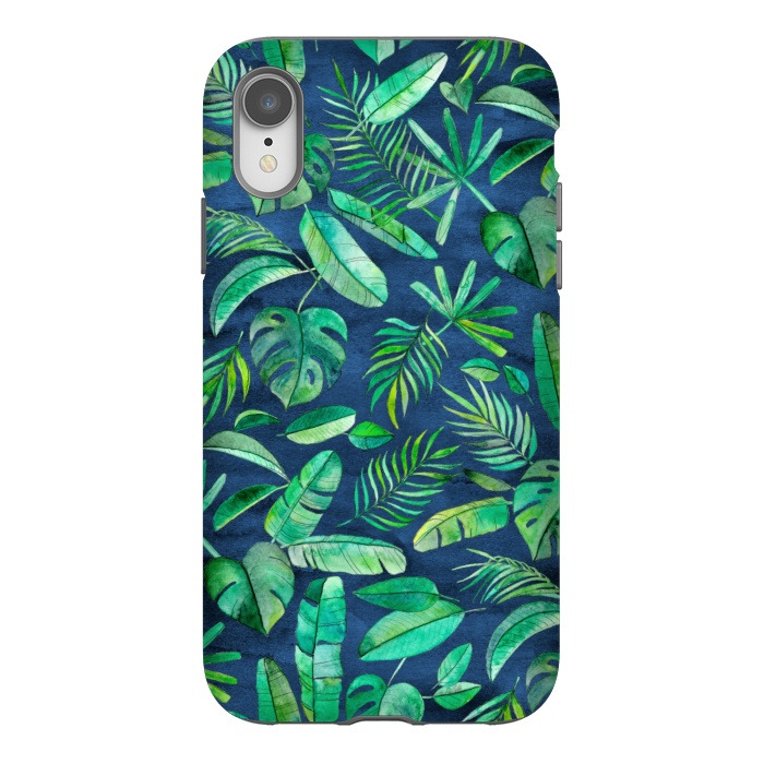 iPhone Xr StrongFit Emerald Tropical Leaf Scatter on textured Navy Blue by Micklyn Le Feuvre