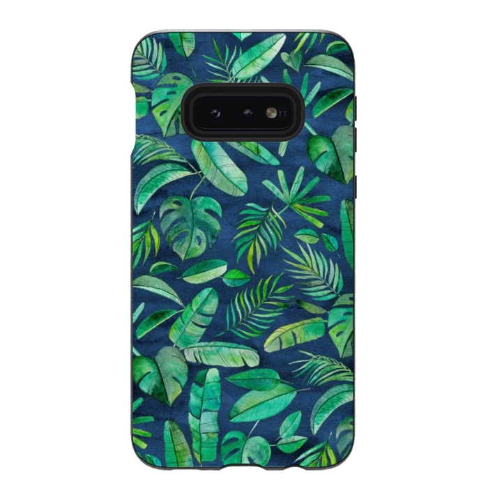 Galaxy S10e StrongFit Emerald Tropical Leaf Scatter on textured Navy Blue by Micklyn Le Feuvre