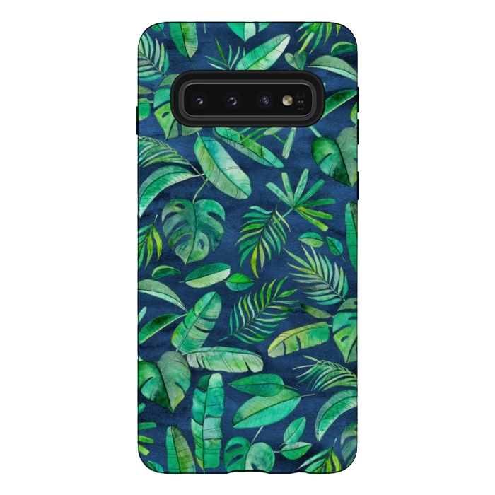 Galaxy S10 StrongFit Emerald Tropical Leaf Scatter on textured Navy Blue by Micklyn Le Feuvre