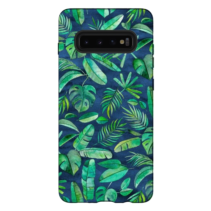 Galaxy S10 plus StrongFit Emerald Tropical Leaf Scatter on textured Navy Blue by Micklyn Le Feuvre