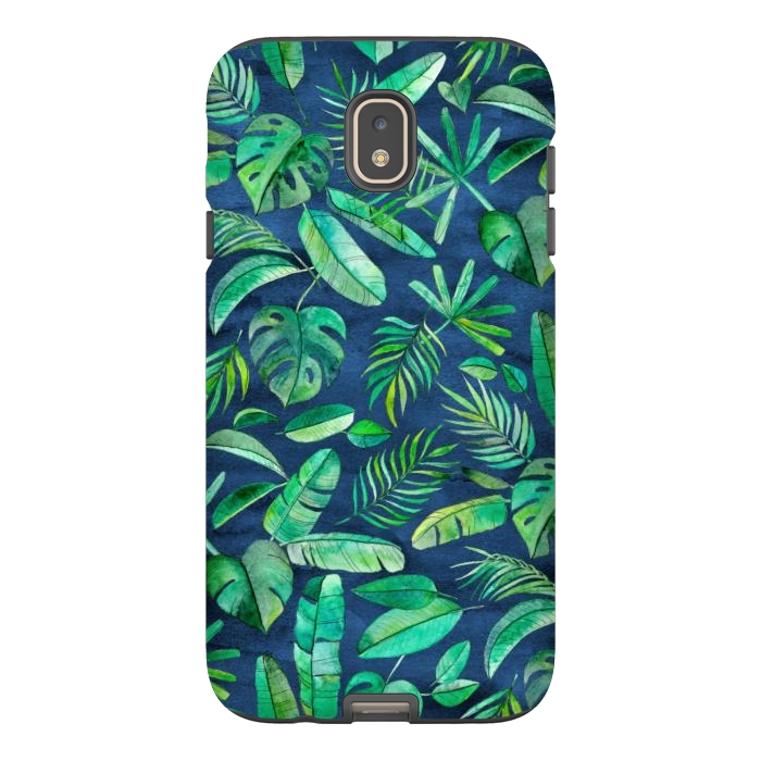 Galaxy J7 StrongFit Emerald Tropical Leaf Scatter on textured Navy Blue by Micklyn Le Feuvre