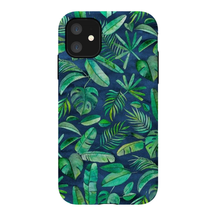 iPhone 11 StrongFit Emerald Tropical Leaf Scatter on textured Navy Blue by Micklyn Le Feuvre