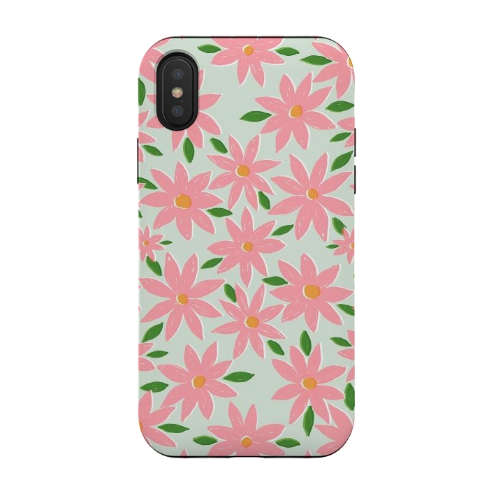 iPhone Xs / X StrongFit Pretty Hand Paint Pink Daisy Flowers Mint Design by InovArts