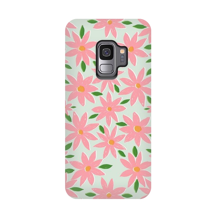 Galaxy S9 StrongFit Pretty Hand Paint Pink Daisy Flowers Mint Design by InovArts