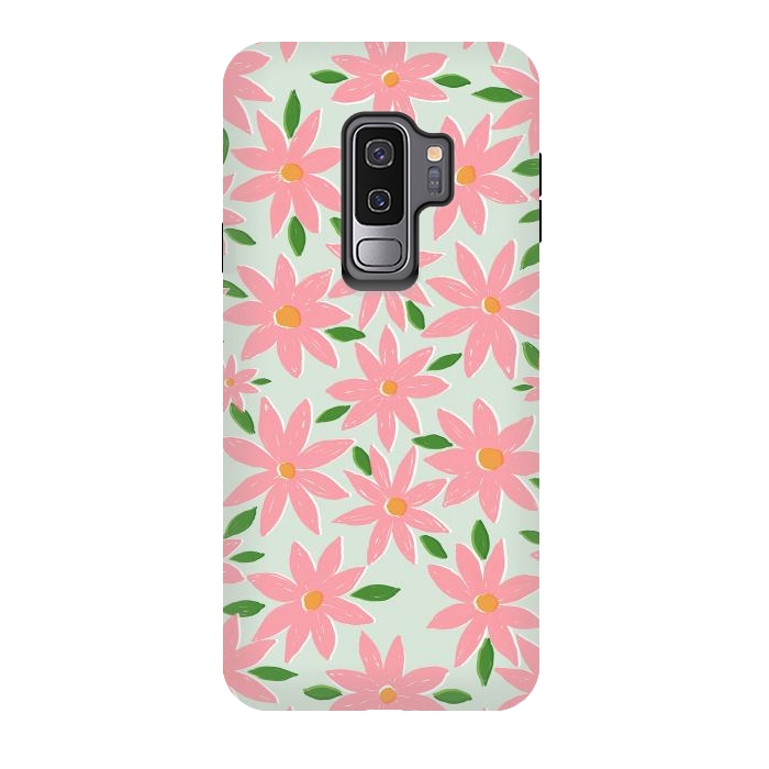Galaxy S9 plus StrongFit Pretty Hand Paint Pink Daisy Flowers Mint Design by InovArts