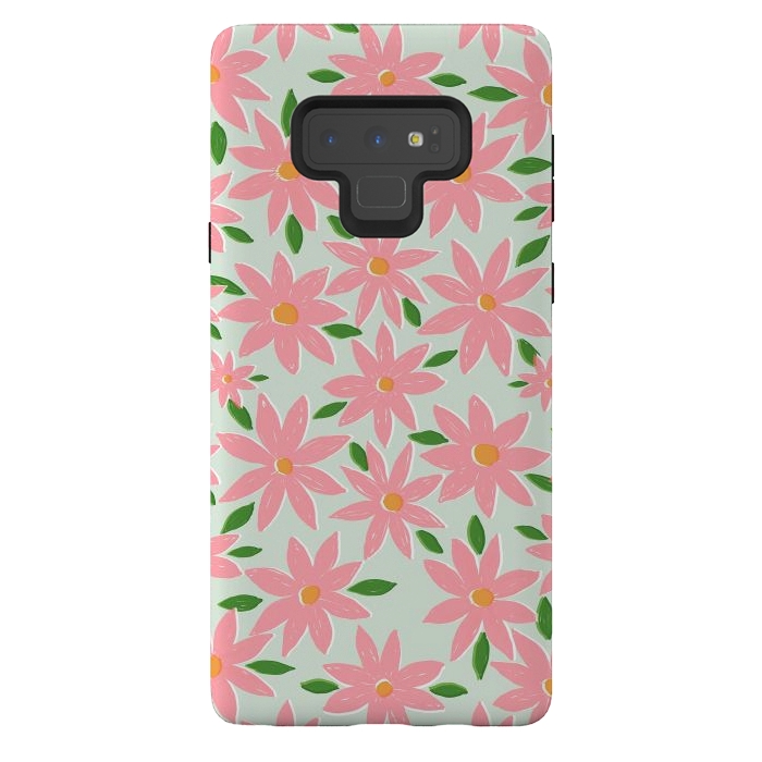 Galaxy Note 9 StrongFit Pretty Hand Paint Pink Daisy Flowers Mint Design by InovArts