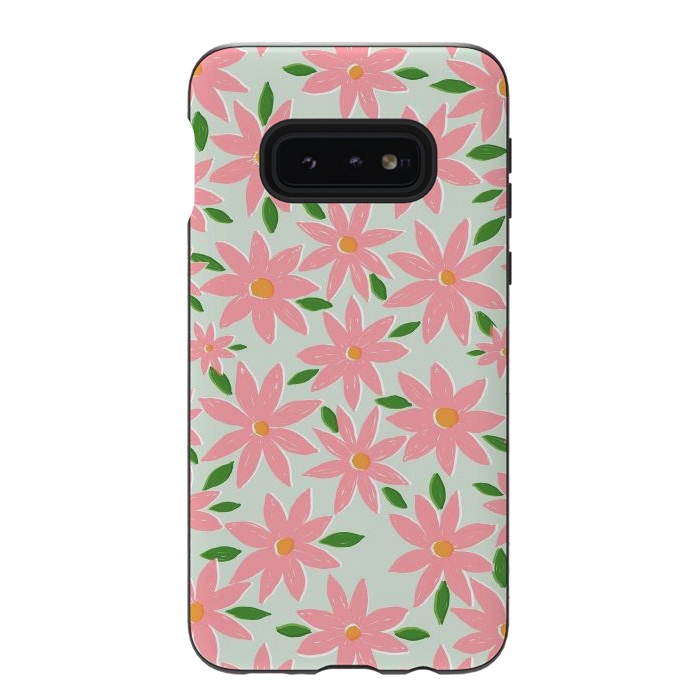 Galaxy S10e StrongFit Pretty Hand Paint Pink Daisy Flowers Mint Design by InovArts