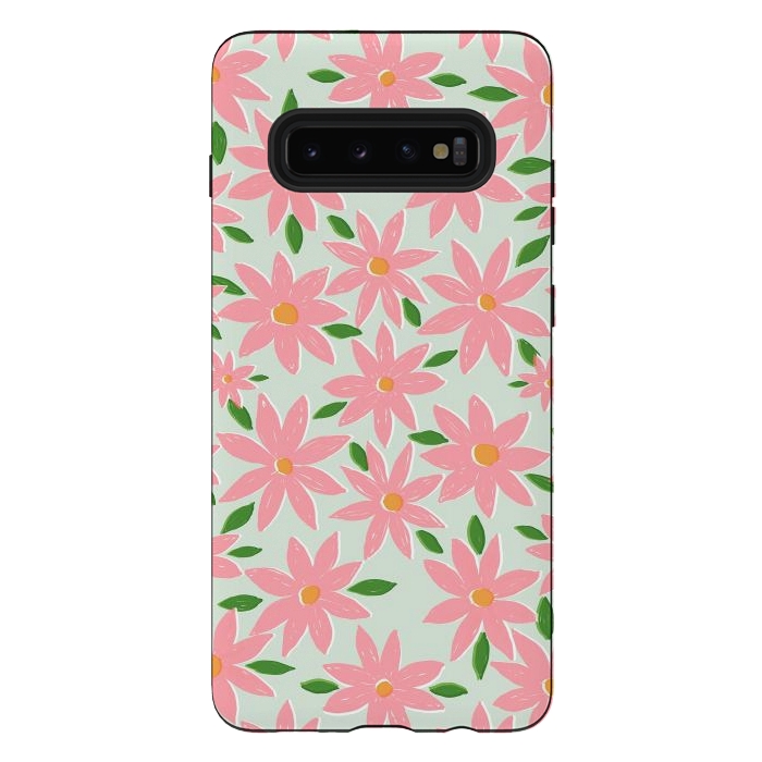 Galaxy S10 plus StrongFit Pretty Hand Paint Pink Daisy Flowers Mint Design by InovArts