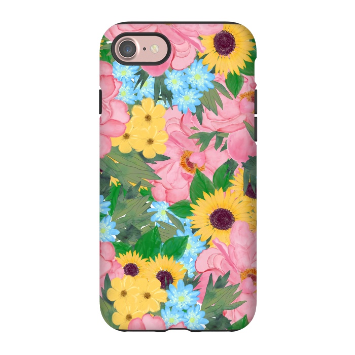 iPhone 7 StrongFit Trendy Pink Peonies Yellow Sunflowers Watercolor paint by InovArts