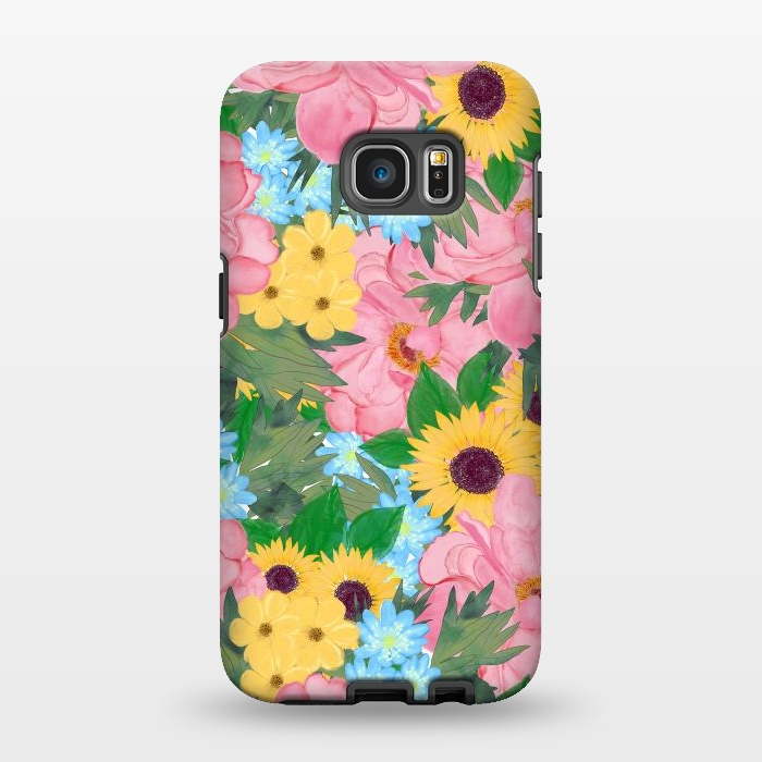 Galaxy S7 EDGE StrongFit Trendy Pink Peonies Yellow Sunflowers Watercolor paint by InovArts