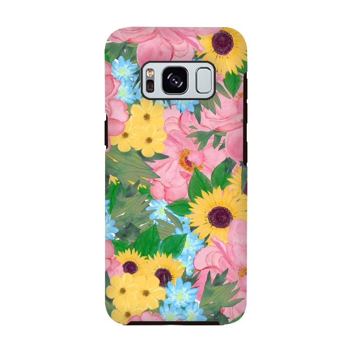 Galaxy S8 StrongFit Trendy Pink Peonies Yellow Sunflowers Watercolor paint by InovArts