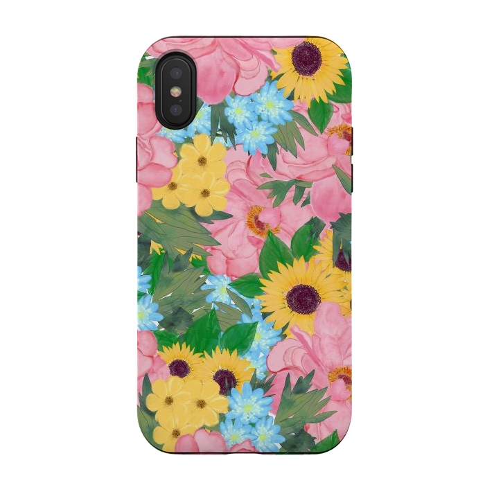 iPhone Xs / X StrongFit Trendy Pink Peonies Yellow Sunflowers Watercolor paint by InovArts