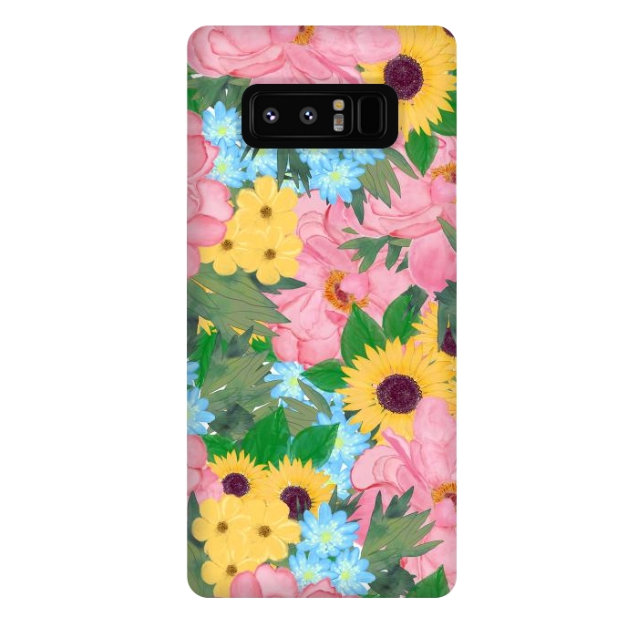 Galaxy Note 8 StrongFit Trendy Pink Peonies Yellow Sunflowers Watercolor paint by InovArts