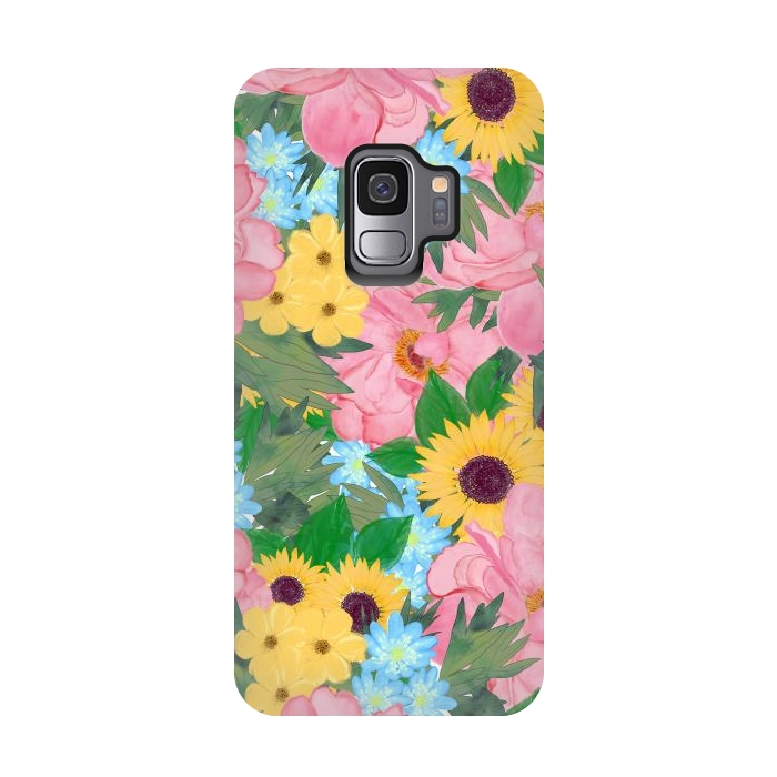 Galaxy S9 StrongFit Trendy Pink Peonies Yellow Sunflowers Watercolor paint by InovArts