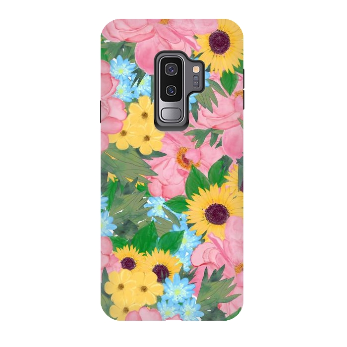 Galaxy S9 plus StrongFit Trendy Pink Peonies Yellow Sunflowers Watercolor paint by InovArts