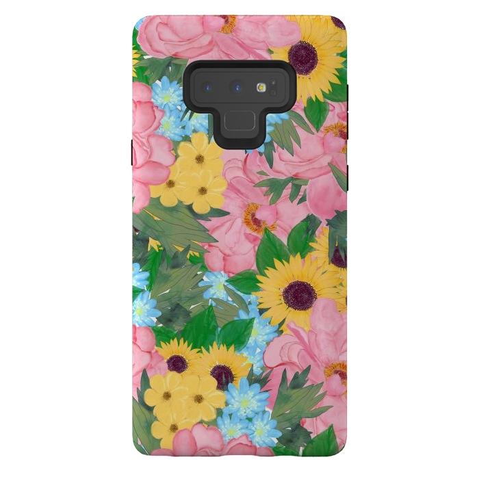 Galaxy Note 9 StrongFit Trendy Pink Peonies Yellow Sunflowers Watercolor paint by InovArts