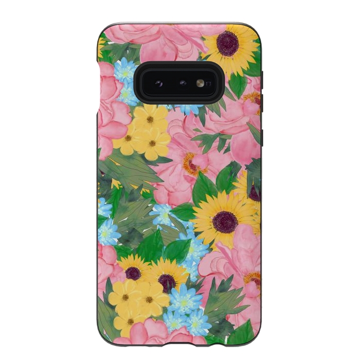 Galaxy S10e StrongFit Trendy Pink Peonies Yellow Sunflowers Watercolor paint by InovArts