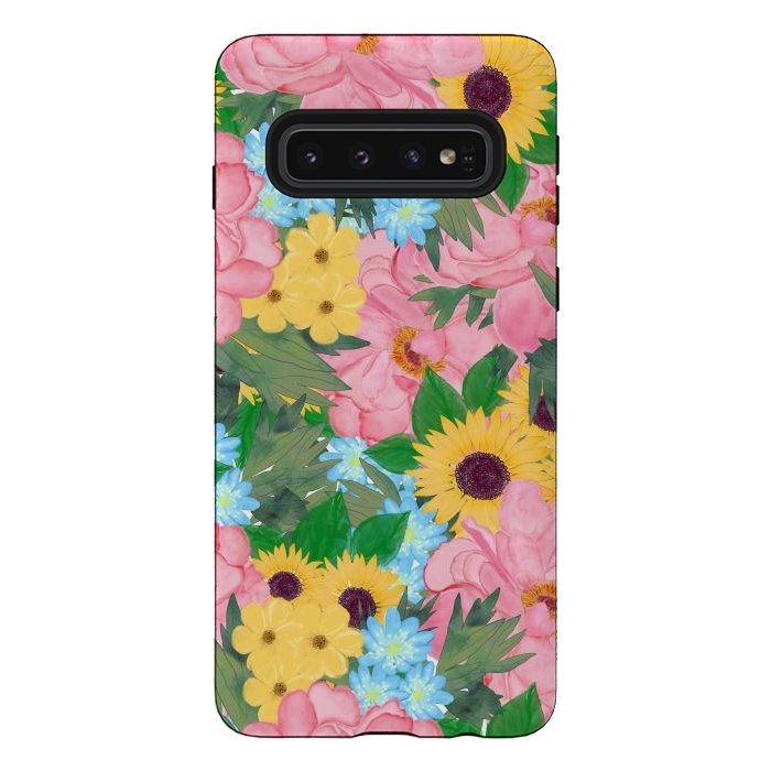 Galaxy S10 StrongFit Trendy Pink Peonies Yellow Sunflowers Watercolor paint by InovArts