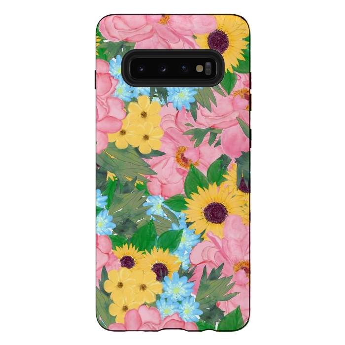 Galaxy S10 plus StrongFit Trendy Pink Peonies Yellow Sunflowers Watercolor paint by InovArts