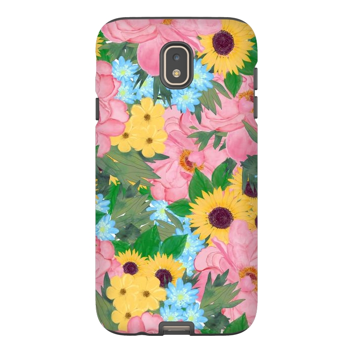 Galaxy J7 StrongFit Trendy Pink Peonies Yellow Sunflowers Watercolor paint by InovArts