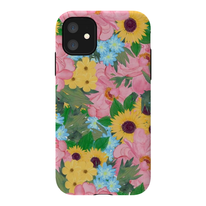 iPhone 11 StrongFit Trendy Pink Peonies Yellow Sunflowers Watercolor paint by InovArts